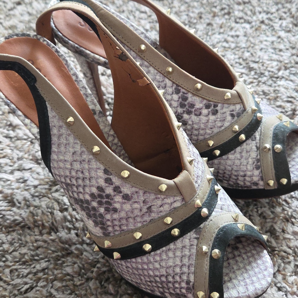 Schutz Snakeskin Studded Slingback Heels Sandals